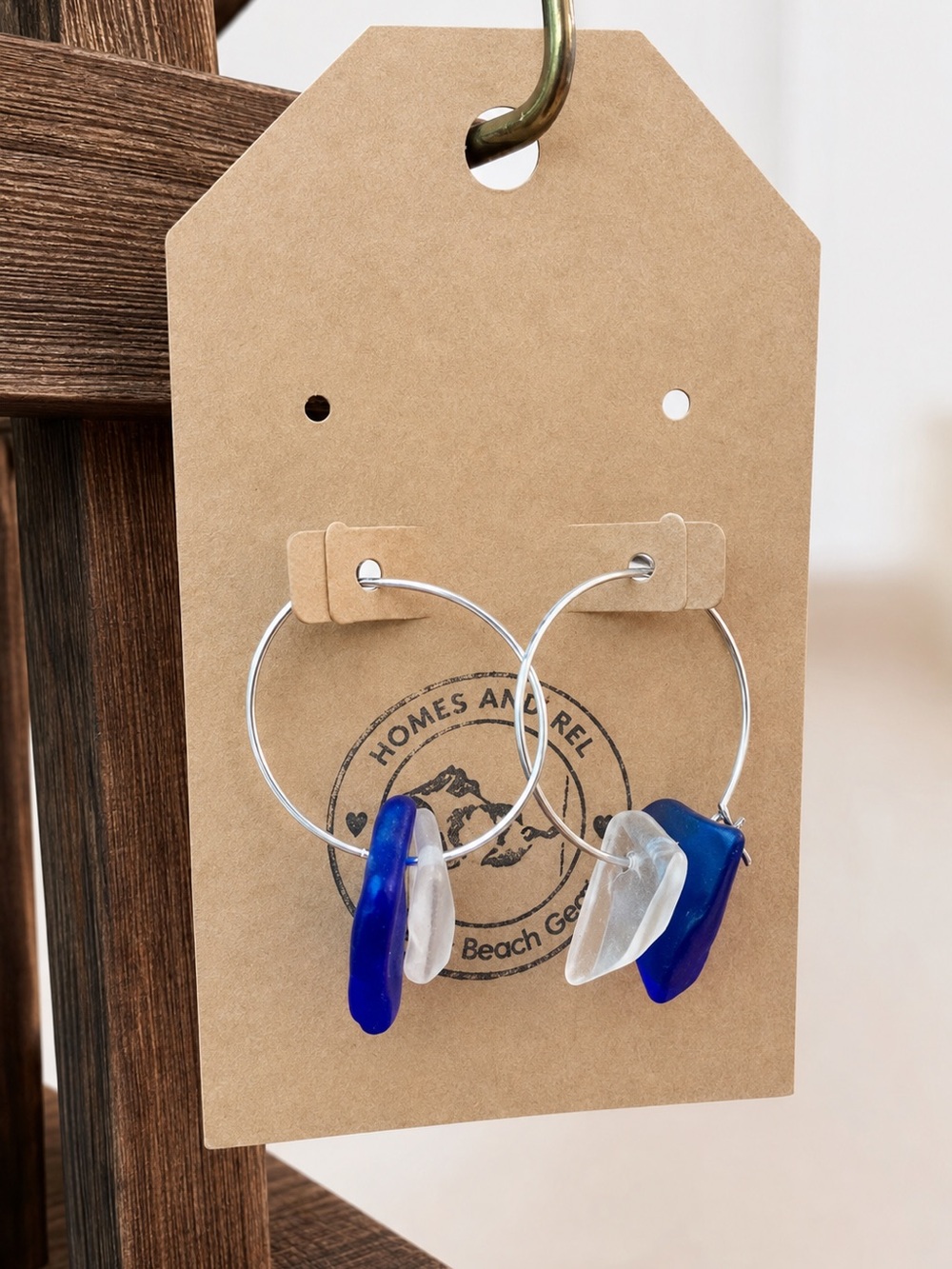 Blue and pale peach Sea Glass Hoop Earrings